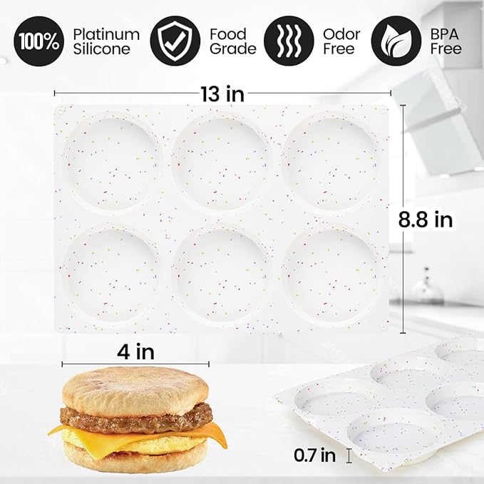 CAKETIME 4 Inch Muffin Top Pans Non Stick, Jumbo Silicone Egg Molds for Breakfast Sandwiches Round Baking Pan for Oven English Muffins, Whoopie Pies, Corn Bread, Egg Bites, Tarts 3 Pack