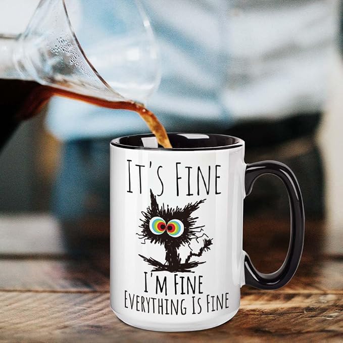 FALJIOK I'm Fine Everything is Fine Coffee Mug 15oz Funny Sarcastic Cat Mug Gifts for Cats Lover Novelty Mug Gifts for Cat Lover Women Mothers Day, Funny Cats Mug Gift for Coworker Manager Friend - Image 2