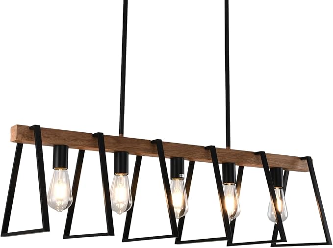 Rustic Wood Chandeliers Farmhouse 5 Light Dining Room Light Fixtures Mid Century Modern Black Linear Chandelier Industrial Kitchen Island Rectangle Pendant Light by FlyRose
