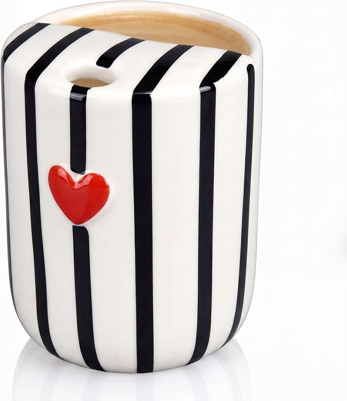 Ceramic Mug with Sip Hole 10 oz Novelty Black Striped Red Heart Ceramic Coffee Mug Hand Painted Travel Mugs Heat Resistant Non Slip Built in One Lid Mugs for Coffee Lovers Appreciation Gift by Ferrochef