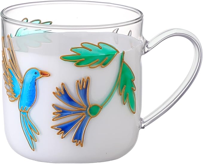 12oz/350ml Hand Painted Glass Cups With Handle,Clear Glass Coffee Cups,Coffee Glasses For Hot Beverages,Clear Mugs (Hummingbird)