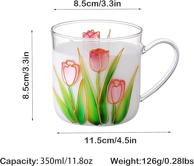 12oz/350ml Hand Painted Glass Cups With Handle,Clear Glass Coffee Cups,Coffee Glasses For Hot Beverages,Clear Mugs (Tulip)