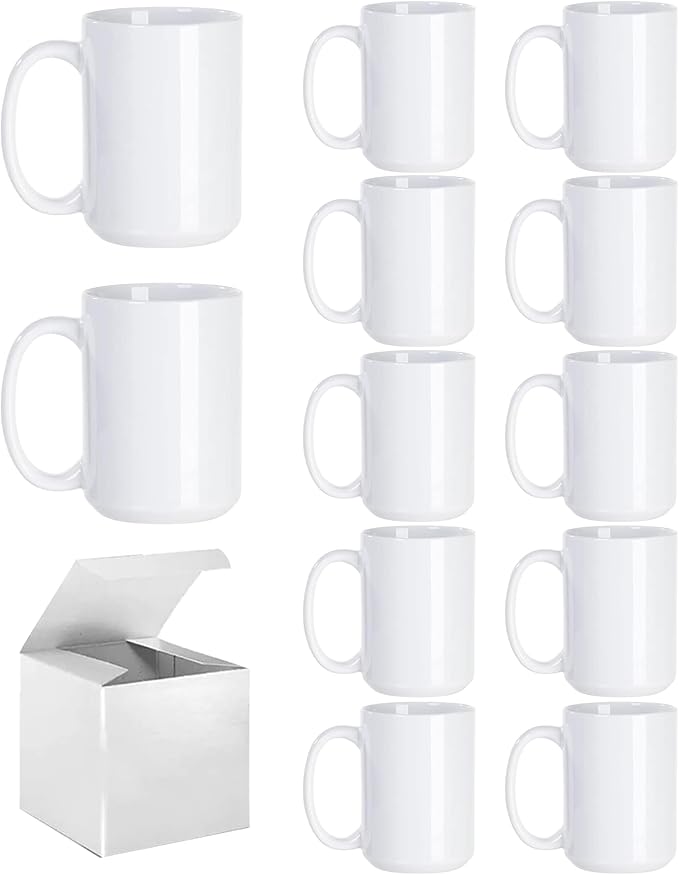 ABBSH Sublimation Coffee mugs, 15 oz White Coffee Mugs Tazas Para Sublimacion Cups With Box for Coffee, Soup, Tea, Milk, Latte, Hot Cocoa Set of 12 by ABBSH