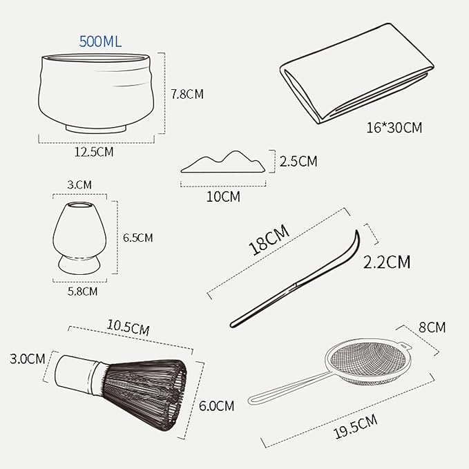 Japanese Matcha Ceremony Accessory, Matcha Whisk, Traditional Scoop (Chashaku), Tea Spoon, Whisk Holder, 1 tea bowl, 1 tea siev, The Perfect Set to Prepare a Traditional Cup of Matcha.