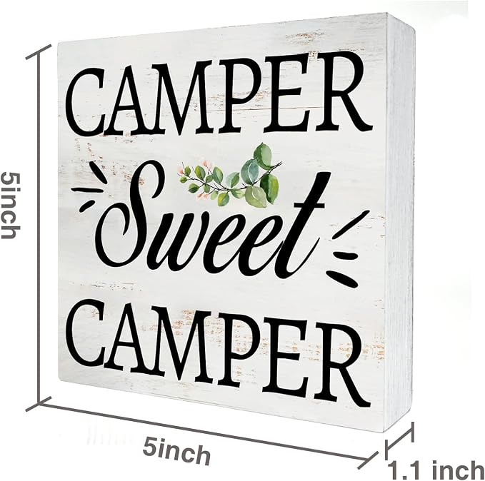 Camper Sweet Camper Wood Box Sign Home Decor Rustic Camping Quote Wooden Box Sign Block Plaque for Wall Tabletop Desk Home Decoration 5" x 5" - Image 2