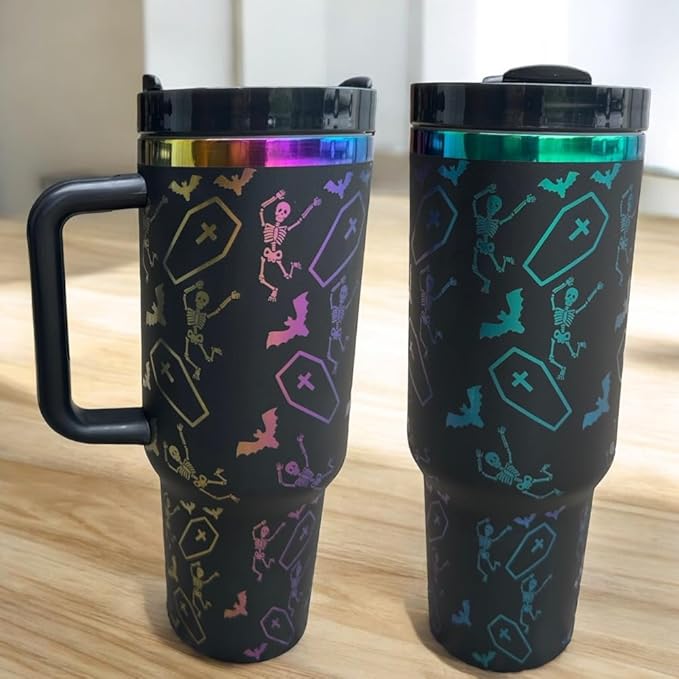 Western Engraved 40oz Tumbler, Tumbler with handle, Cowgirl Tumbler, Country Mug with Handle (Black/Rainbow-Bats)