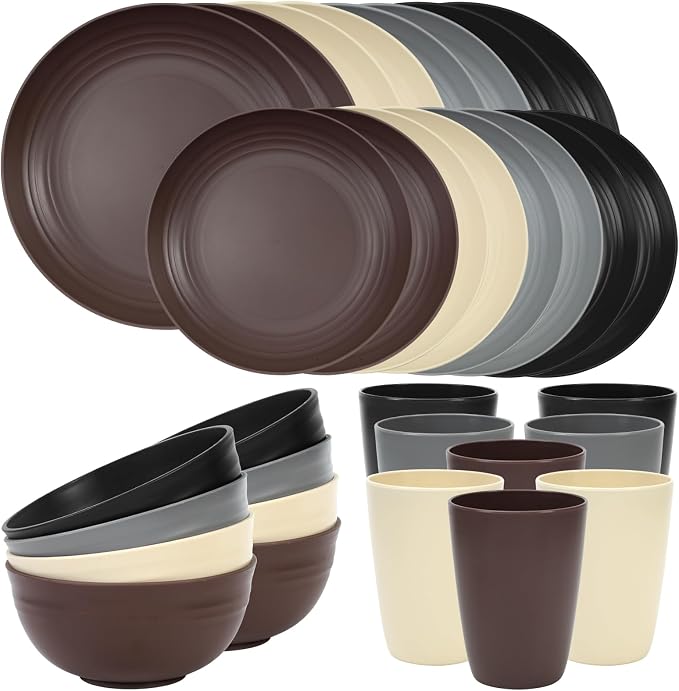 Quatish 32 Piece Plates and Bowls Sets for 8, Unbreakable Dinnerware Sets, Dish Set for Camping, Dishwasher Microwave Safe, Outdoor Kitchen and Apartment Dorm Dinning RV Essentials, Brown by Quatish