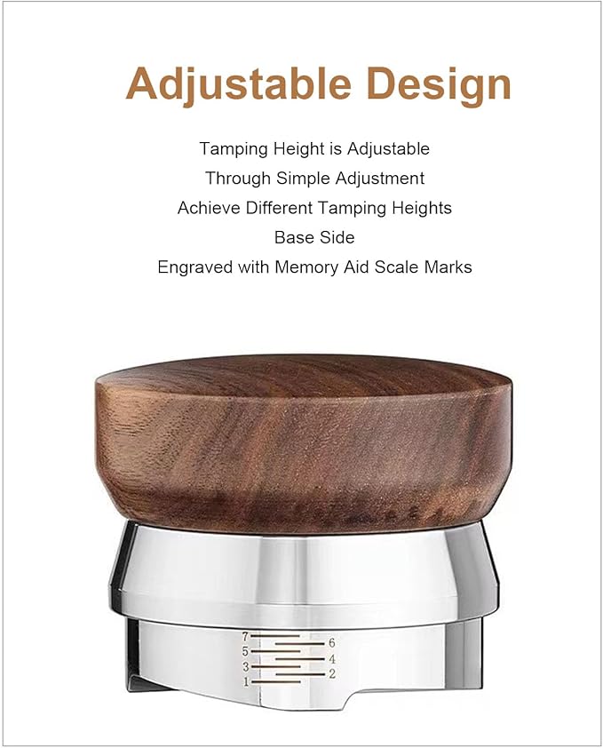 HEEPDD 53mm Coffee Distributor Tamper Adjustable Coffee Leveler Coffee Leveling Tool with Stainless Steel Base Walnut Wood Handle for Single Head Coffee Machine