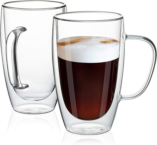 MEWAY 16oz/2 pack Coffee Mugs,Thickened Clear Glass Double Wall Cup with handle for Coffee, Tea, Latte, Cappuccino (16 oz，2) by MEWAY