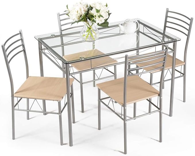 Giantex 5 Piece Dining Table Set, Kitchen Dining Set with Tempered Glass Table Top and 4 Chairs, Dinette Set for 4 for Breakfast Nook Dining Room Kitchen (Transparent) by Giantex