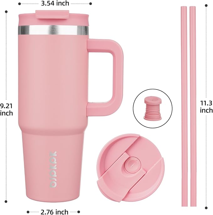 BJPKPK 30 oz Insulated Tumbler with Handle & Straw, Stainless Steel | Double Wall Vacuum Insulation, Leak Proof, BPA Free, Dishwasher Safe, Cupholder Friendly, Travel & Outdoor, Light Pink - Image 3