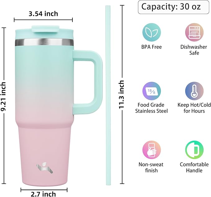 Konokyo 30 oz Insulated Tumbler Water Bottle with Handle, Straw Lid | BPA-free and dishwasher safe; made for gym, travel, coffee and gifting, 2 straws, cup holder friendly,Gum - Image 4