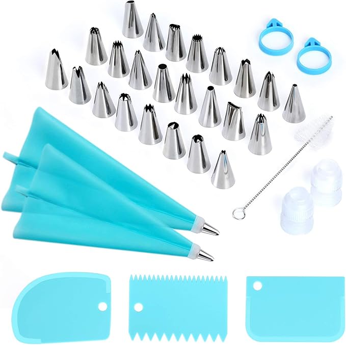 34PCs Cake Decorating Kit–Piping Bags and Tips Set With 24 Stainless Steel Piping Tips,2 Reusable Silicone Piping Bags,3 Smoothers, 2 Couplers,2 Bag Ties & 1 Brush for Baking & Cake Decoration