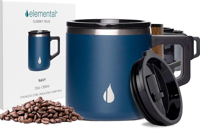 Elemental Insulated Coffee Mug - Triple-Wall Stainless Steel Summit Travel Cup for Hot and Cold Drinks - Thermal Coffee Mug with Lid and Handle for Camping, Office & Travel 12oz - Navy Blue - Image 8