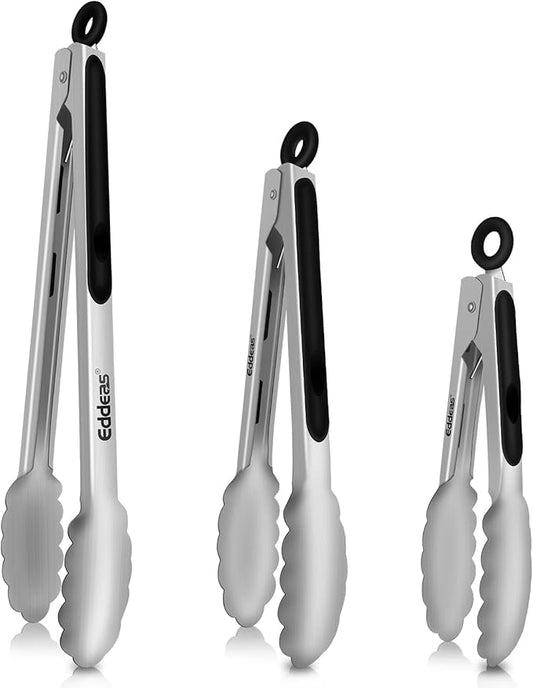 Tongs For Cooking Up to 600 °F Metal Kitchen Tongs 3PCS 7,9,12 Inch | Heat Resistant 600 Degrees Stainless Steel,Heavy Duty Metal Locking Tong for Food,Salad and BBQ Dishwasher Safe by Eddeas