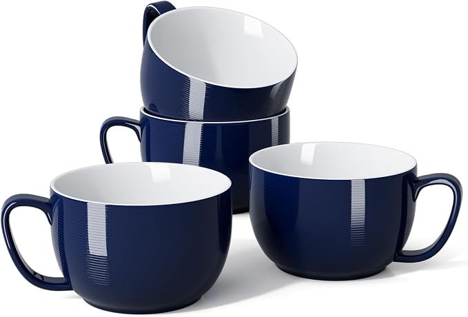 Teocera Porcelain Coffee Mugs, Soup Mugs Bowls with Handle, 24 oz Latte Mugs Set of 4 - Striped Design, Navy by Teocera