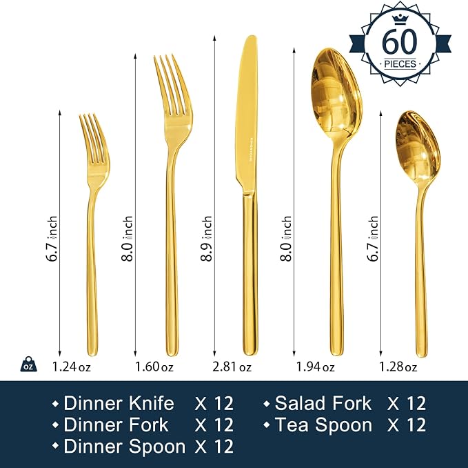 KINGSTONE Gold Silverware Set, 60 Piece Flatware Cutlery Set for 12, 18/10 Stainless Steel Silverware Mirror Polished Dishwasher Safe for Home, Restaurant, Wedding, Party(Gold, 60 pieces for 12) - Image 2