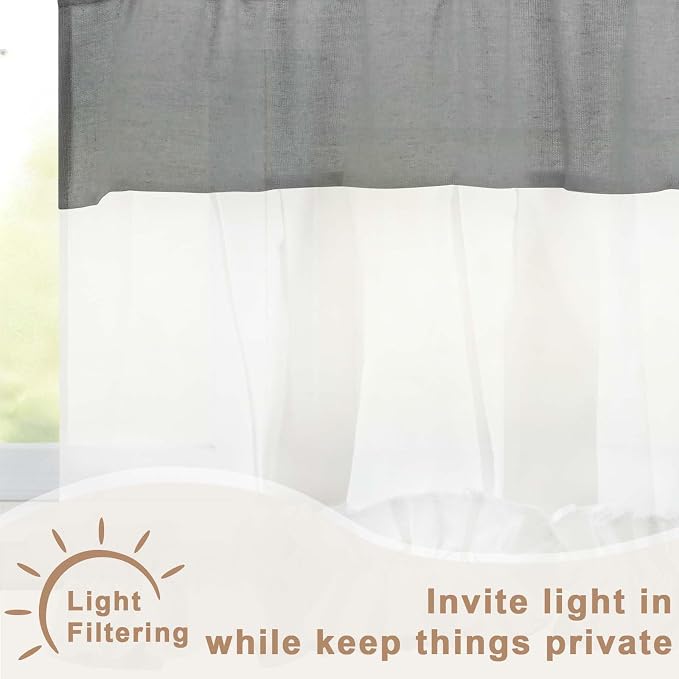 Likiyol Linen Valances for Windows Farmhouse Ruffle Swag Valance Rustic Country Window Valances Light Filtering Kitchen Curtains Rod Pocket Valance Curtains for Bathroom Cafe, Grey White, 60"W x 36"L - Image 4