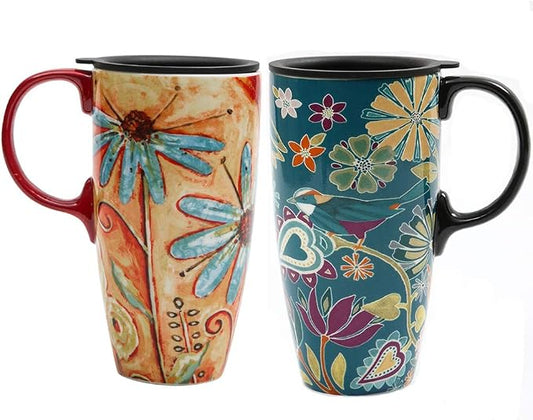 Topadorn Set of 2 Ceramic Travel Mugs with Lid, 17oz Ceramic Coffee Mug | Colorful Folk Art Floral & Bird Design, Microwave & Dishwasher Safe, Gift Boxes Included by Topadorn