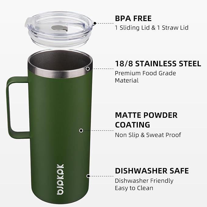BJPKPK 32oz Insulated Coffee Mug with Handle, Stainless Steel Travel Mug | Keeps Drinks Hot & Cold, Double Wall Vacuum, 2 Lids Included, BPA-Free Coffee Tumbler for Home, Office & Travel - Image 2