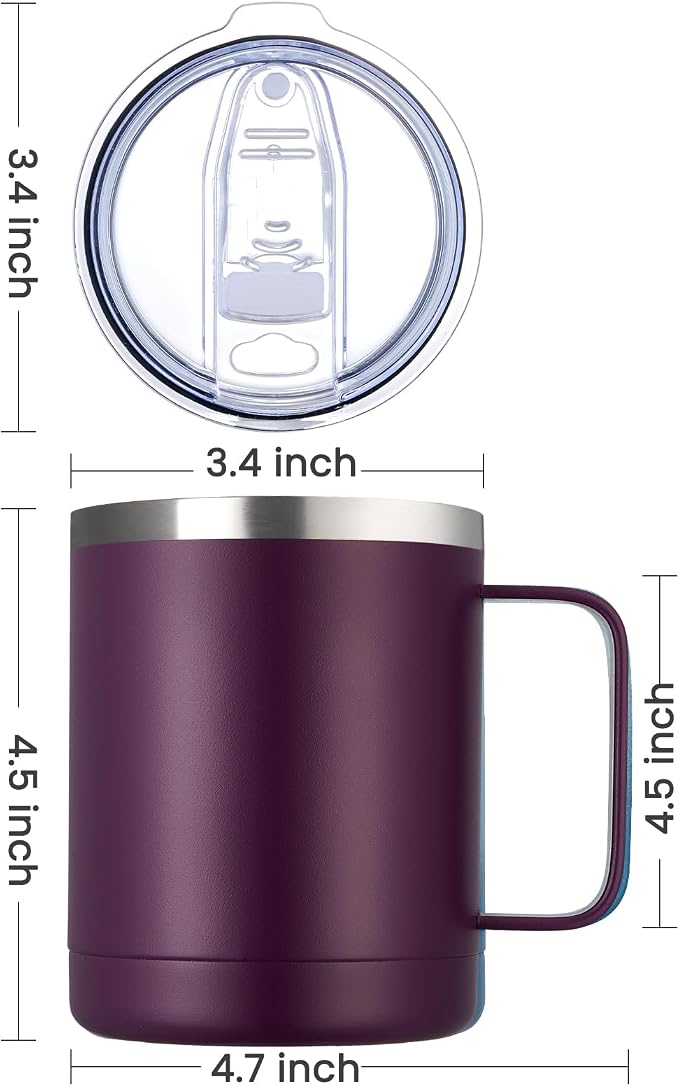 MEWAY 12oz Coffee Mug With Handle 2 Pack Bulk,Stainless Steel Insulated Travel Tumblers With Sliding Lid,Double Wall Vacuum Camping Cup for Hot & Cold Drinks Tea (Forest Green&Plum,Set of 2) - Image 4