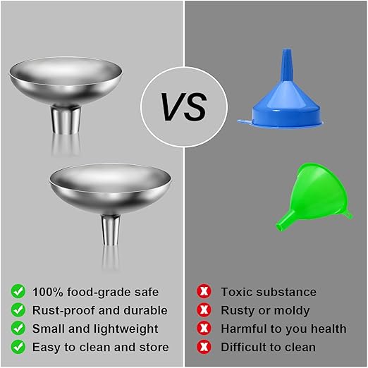 Stainless Steel Funnel, 2 Large and Small Mouth Filling Kitchen funnels, Liquids, fluids, Spices and Powders, Durable and Washable.