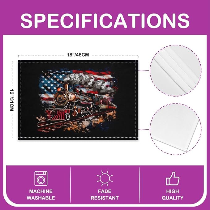 Feelyou Train Placemats Set of 4 12x18 Inch American Flag Table Mats for Party Kitchen Dining Decoration Holiday Seasonal Colorful Steam Engine Place Mat for Dinner Table Indoor Outdoor Decor - Image 4