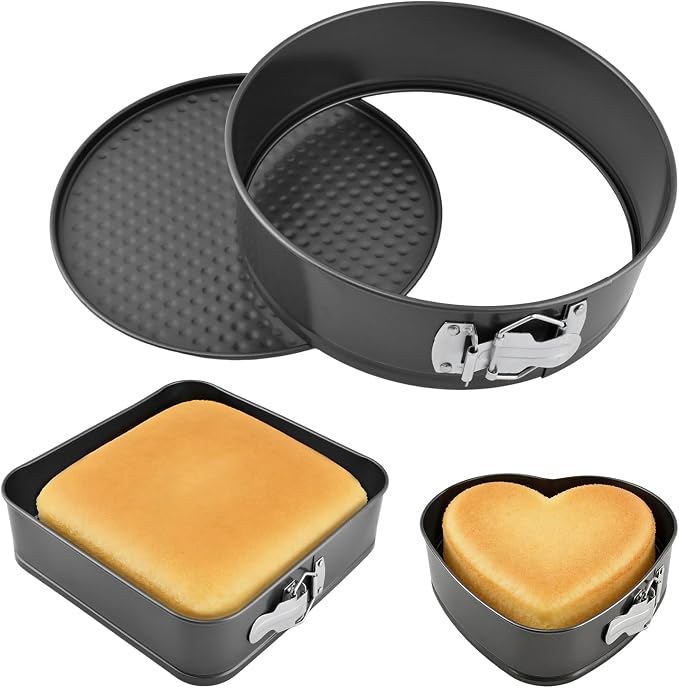 Springform Pan Set of 3 (7,8,9 Inch) - Round, Square and Heart Shaped Leakproof Cheesecake Pans with Removable Bottom, Nonstick Carbon Steel Cake Tin for Valentine‘s Day, Anniversary Baking - Image 3