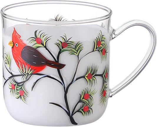 12oz/350ml Hand Painted Glass Cups With Handle,Clear Glass Coffee Cups,Coffee Glasses For Hot Beverages,Clear Mugs (Cardinals)