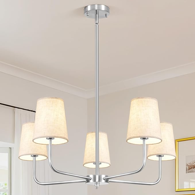 5 Light Brushed Nickel Chandelier, 28" Modern Farmhouse Ceiling Light Fixture with Fabric Shade, Pre-Wired Thicker Arm Pendant Lights for Dining Room Kitchen Island Over Table Entryway Foyer by SEILISY-STYLISHCHANDELIERS