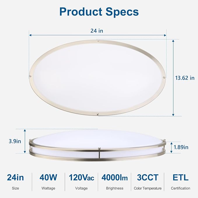 DAKASON 24Inch Oval LED Flush Mount Ceiling Light, 40W Large LED Light Fixture Ceiling for Kitchen/Living Room, 3500K/4000K/5000K Dimmable, Modern Low-Profile for Dining Room/Laundry, Brushed Nickel - Image 5