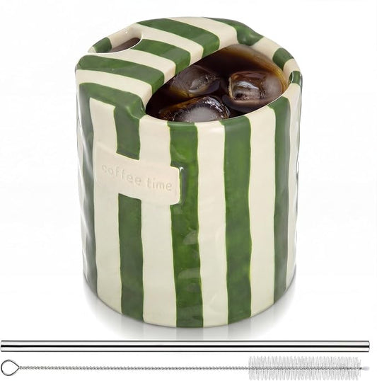1 Pack Ceramic Coffee Mug with Sip Hole Espresso Cup 10oz with Straws Retro Hand Painted Striped Ceramic Iced Coffee Tea Travel Mug Latte Cup for Kitchen Dining (Simple,Green) by Ferrochef