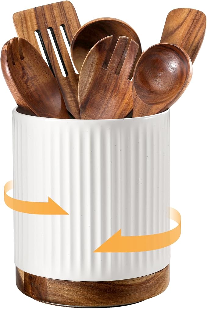DOWAN 360° Rotating Extra Large Cooking Utensil Holder, 7.6" Kitchen Utensil Holder for Countertop, Utensil Crock for Farmhouse Kitchen Decor, Ceramic Stable Utensil Caddy, White Stripes by DOWAN