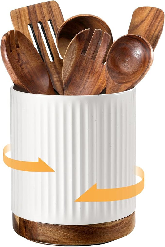 DOWAN 360° Rotating Extra Large Cooking Utensil Holder, 7.6" Kitchen Utensil Holder for Countertop, Utensil Crock for Farmhouse Kitchen Decor, Ceramic Stable Utensil Caddy, White Stripes by DOWAN