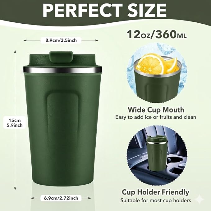 Volhoply 12 oz Double Wall Insulated Vacuum Travel Coffee Mug with Flip Lid Bulk 4 Pack,Reusable Stainless Steel Leak Proof Coffee Cup,Portable Thermal Tumbler for Hot & Cold Drinks(Army Green,8 Set) - Image 2