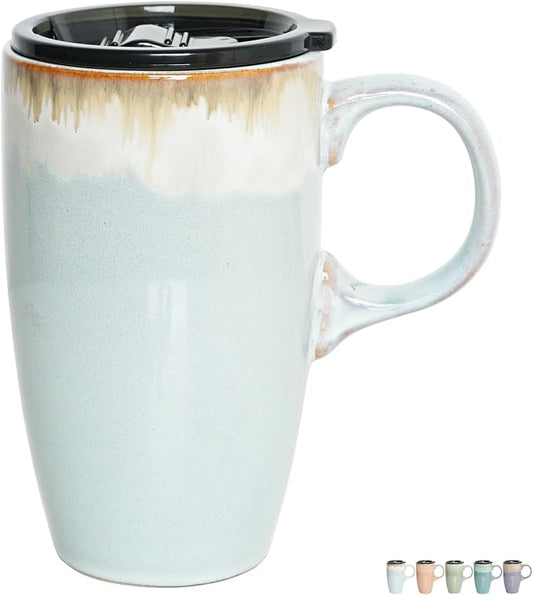 Bosmarlin Ceramic Travel Coffeel Mug with Handle and Lid, 18 oz, Portable Coffee Cup for Car Cup Holder, Microwave and Dishwasher Safe, Reactive Glaze (Light Grey Blue) by Bosmarlin