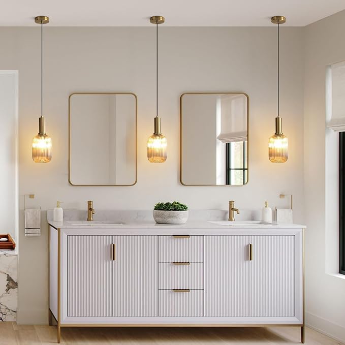 KCO Modern Brushed Gold Mini 5.1” Cylinder Amber Ribbed Glass Pendant Light | E26 Bulb Hardwired, Adjustable Cord Mid Century Vintage Brass Hanging Ceiling Lamp for Sloped Ceiling Kitchen Dining Room Bar - Image 5