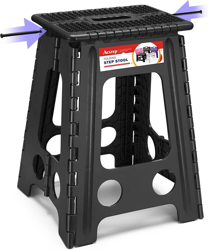 ACSTEP 17.5 Inch Heavy Duty Folding Step Stool, 400 lbs, Dot Black | Collapsible Stepping Stool for Adults with Handle and Non-Slip Surface, for Kitchen, Garage, Bedroom and Outdoor Tasks by ACSTEP