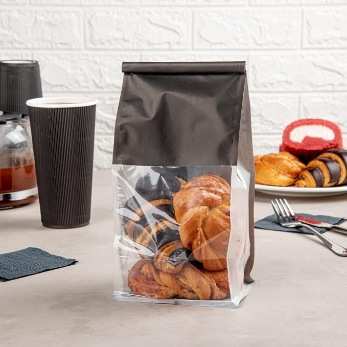 Bag Tek 5.1 x 4.1 x 11.2 Inch Tin Tie Bags With Windows, 100 Resealable Bakery Bags With Windows - Flat Bottom, For Cookies or Coffee Beans, Black Cotton Paper Tin Tie Bags - Restaurantware - Image 3