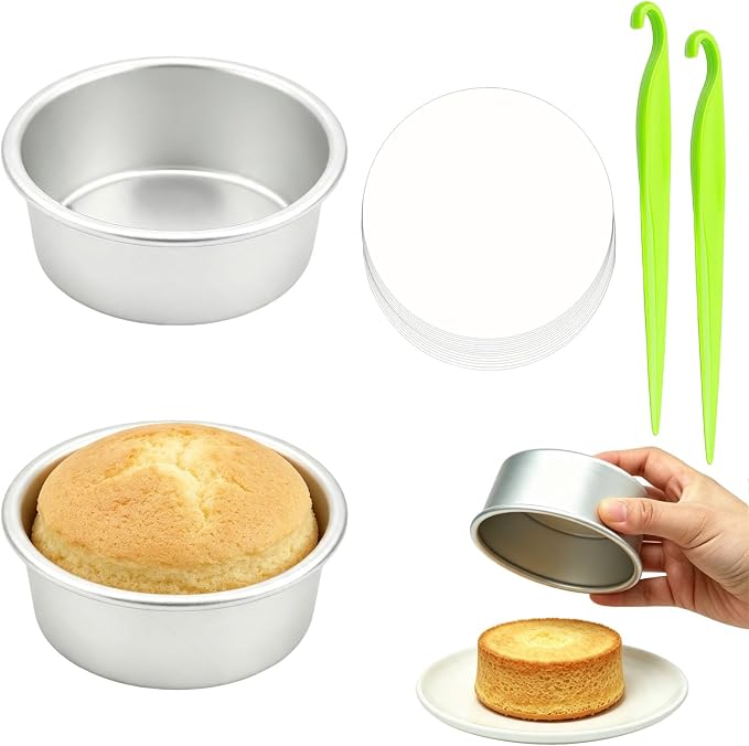 Round Cake Pans Set - 4 Inch Aluminum Nonstick Mini Cake Tins With 50 Parchment Liners & 2 Demold Tool for Diy Baking Cakes Cheesecake Tiered Cakes by Unknown