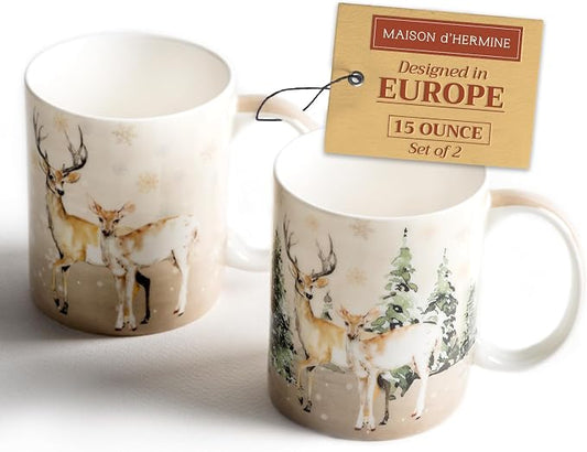 Maison d' Hermine Coffee Mug with Handles Tea Cups (15 Ounce, Pack of 2) | Fine Bone China Coffee Mugs for Hot Beverages Cappuccino Latte Home Restaurant Hotel Spring Summer -Deer In The Woods by MaisondHermine