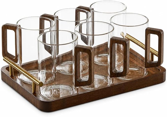 Borosilicate Glassware Set - Heat Resistant Drinking Glasses Set for Hot and Cold - for Home Use, Transparent wooden handle cups (300ML)*6 + tray (with handle) by Unknown