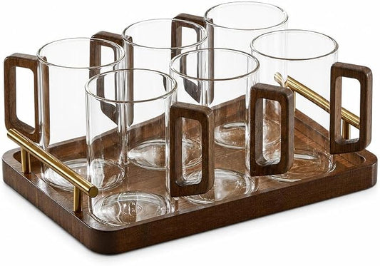 Borosilicate Glassware Set - Heat Resistant Drinking Glasses Set for Hot and Cold - for Home Use, Transparent wooden handle cups (300ML)*6 + tray (with handle) by Unknown