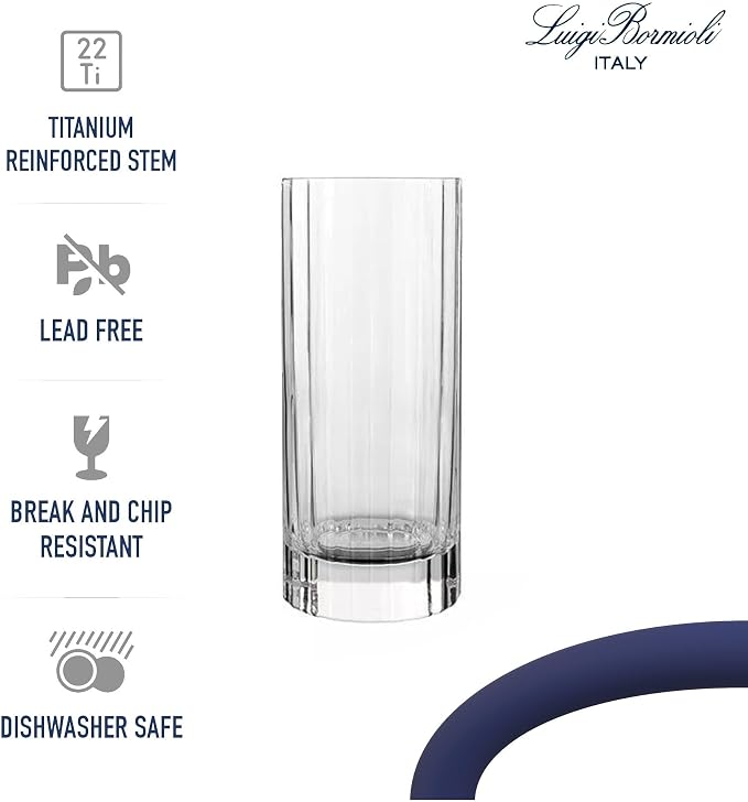 Luigi Bormioli Bach Highball Glasses, 16.5 Oz - Clear, Set of 4 | Durable Crystal Glasses, Ribbed Design Drinkware for Cocktails, Iced Tea & Juices, Smooth Rim, Heavy Base, Dishwasher Safe - Image 3