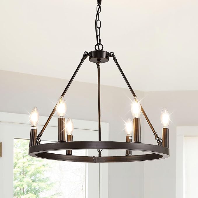 WJShome 20.7" Wagon Wheel Chandelier, 6-Light Black Chandeliers for Dining Room, Farmhouse Foyer Lighting Fixtures, Round Rustic Chandelier, for Kitchen Island, Entryway,Hallway by SofaFurniture