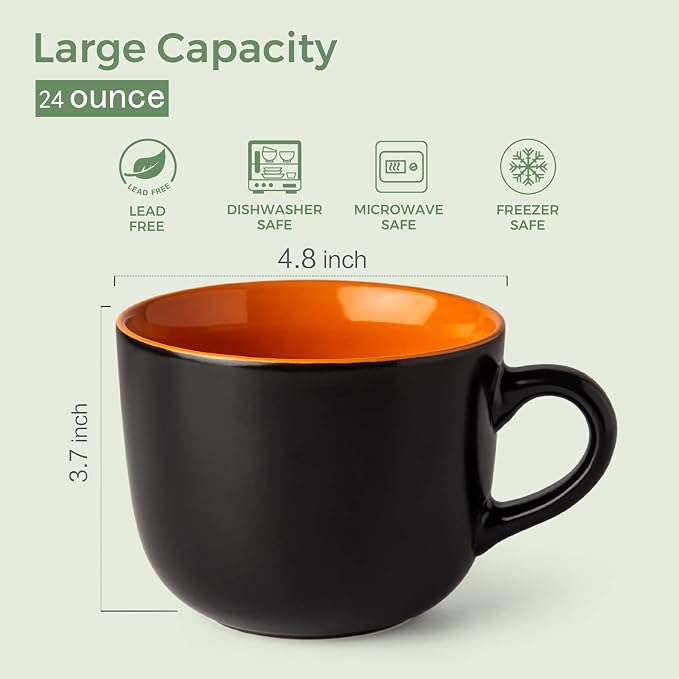 GBhome Jumbo Soup Mugs with Handles, 24 Oz Large Coffee Mugs Set of 4 | Ceramic Soup bowls for Soup Cereal Snacks Salad Noodles Cups, Microwave safe - Matte Black, Orange Inside - Image 2