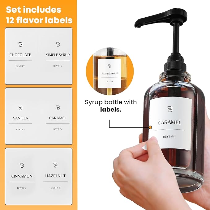 BEYTIFY Coffee Syrup Dispenser Set | Glass Syrup Bottles with Pump Tops & 12 Labels | Refillable Leak-Proof Dispensers for Coffee Bar, Vanilla Caramel Hazelnut Syrups | Clear Glass, 2 Pack (16.9oz/500ml)