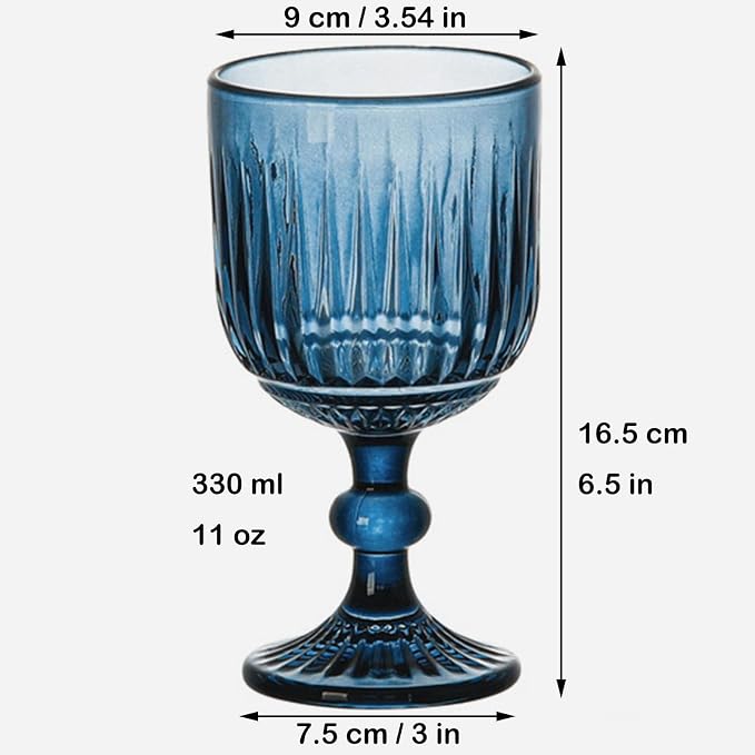 Taganov Blue Glasses Drinking Wine Water Goblets set of 6 Colored Stemware Vintage Glassware 11 ounce for Wedding Party Bar Vertical Embossed Pattern Stemmed Cups 330 ml - Image 6