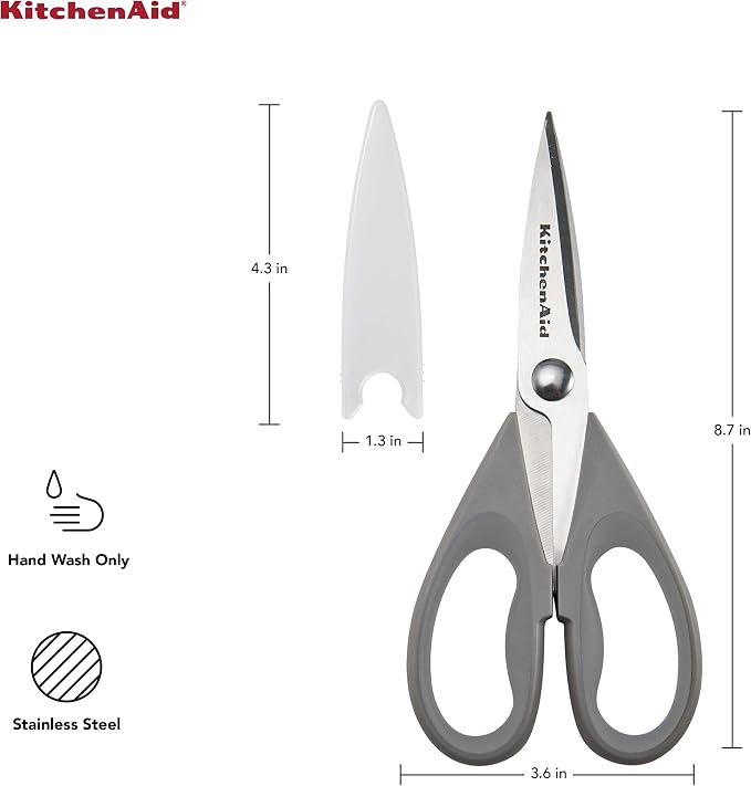 KitchenAid All Purpose Kitchen Shears with Protective Sheath Durable Stainless Steel Scissors, Dishwasher Safe, Soft Grip Comfort Handle, 8.72 Inch, Gray - Image 2