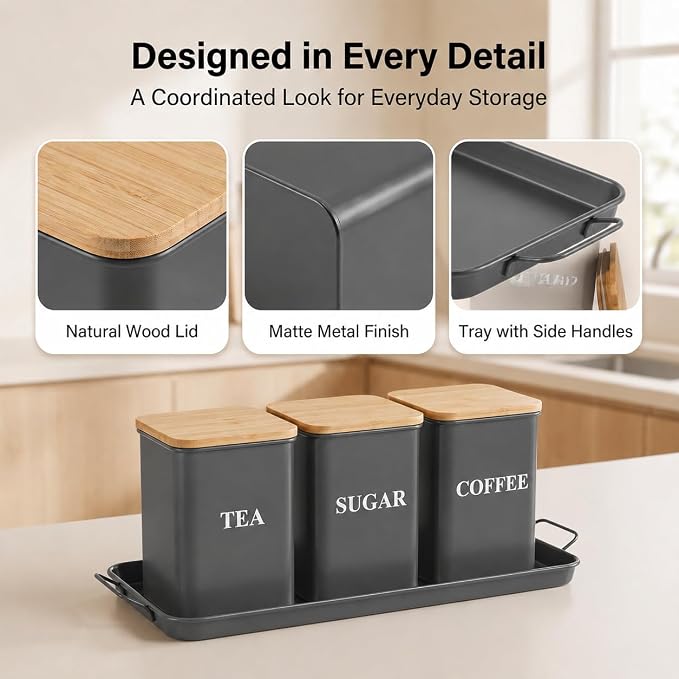 Coffee Tea Sugar Container Set , 50 oz Metal Kitchen Canisters-Gray | Countertop Storage Containers with Wood Lids and Tray, Storage Canister for Coffee Bar, Pantry and Farmhouse Kitchen Decor - Image 3